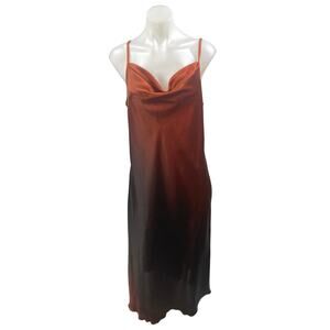 Bebe Rust Brown Silk Satin Sleeveless Cowl Neck Cami  Tank Midi Slip Dress Sz L